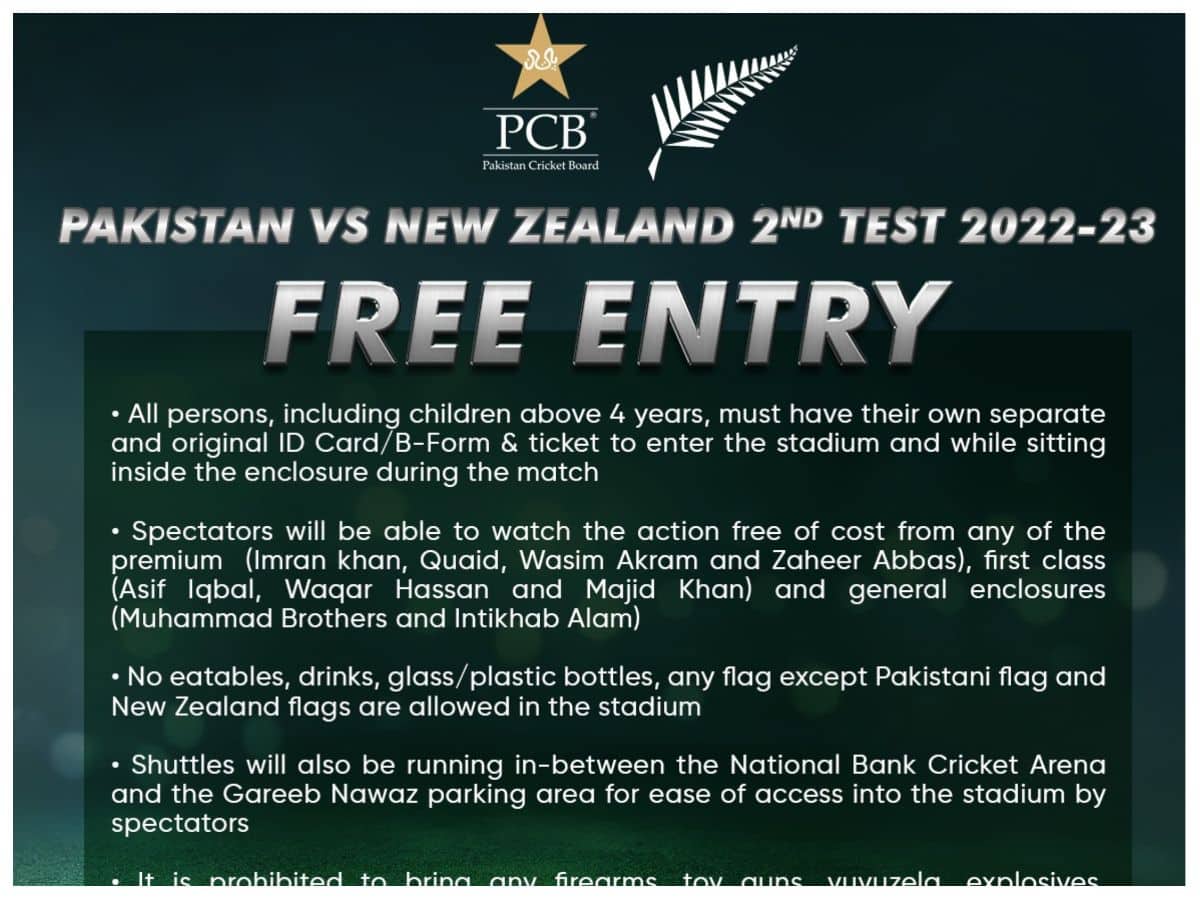 PCB Announces Free Entry For Fans For The Second Test Between Pakistan, New Zealand